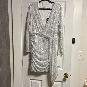 Fashion Nova Silver Sequin Long Sleeve Dress